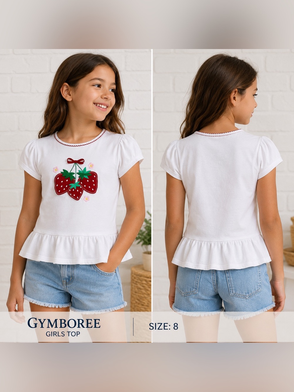 Gymboree Girls Strawberry Peplum Top Size 8 White Embroidered Cotton Tee
